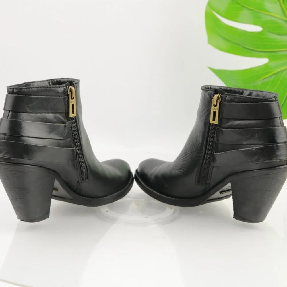 SCHUTZ Womens Sher Boots Size 6.5 Black Leather Triple Buckle Block Heel Booties